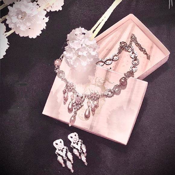 Vintage Signed Kirks Folly Pink Clear Crystals Pearls Silver Necklace & Earrings